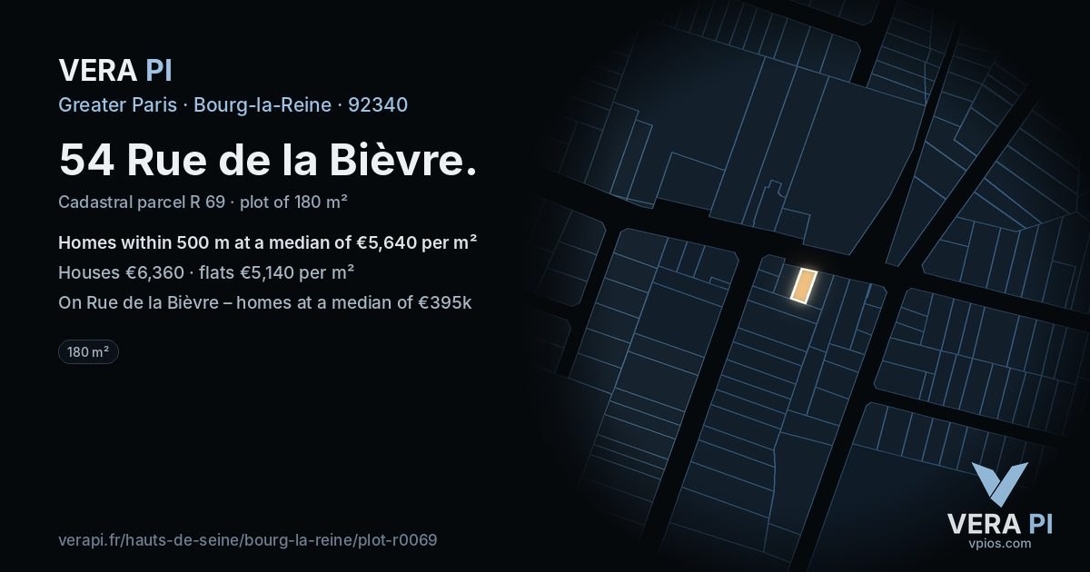 54 Rue de la Bièvre, Bourg-la-Reine at night – the plot lit, the parcels around coloured by the prices near them