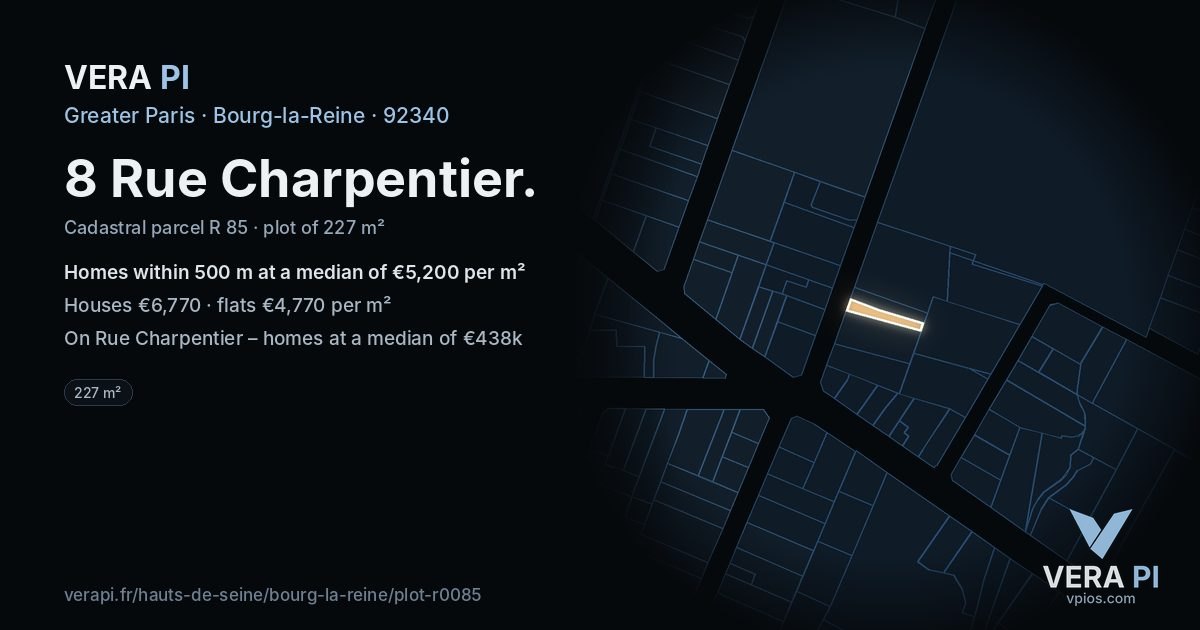 8 Rue Charpentier, Bourg-la-Reine at night – the plot lit, the parcels around coloured by the prices near them