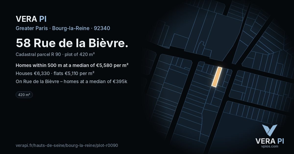 58 Rue de la Bièvre, Bourg-la-Reine at night – the plot lit, the parcels around coloured by the prices near them
