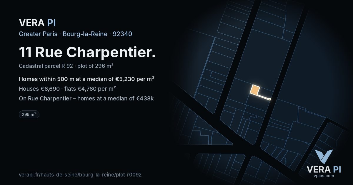 11 Rue Charpentier, Bourg-la-Reine at night – the plot lit, the parcels around coloured by the prices near them