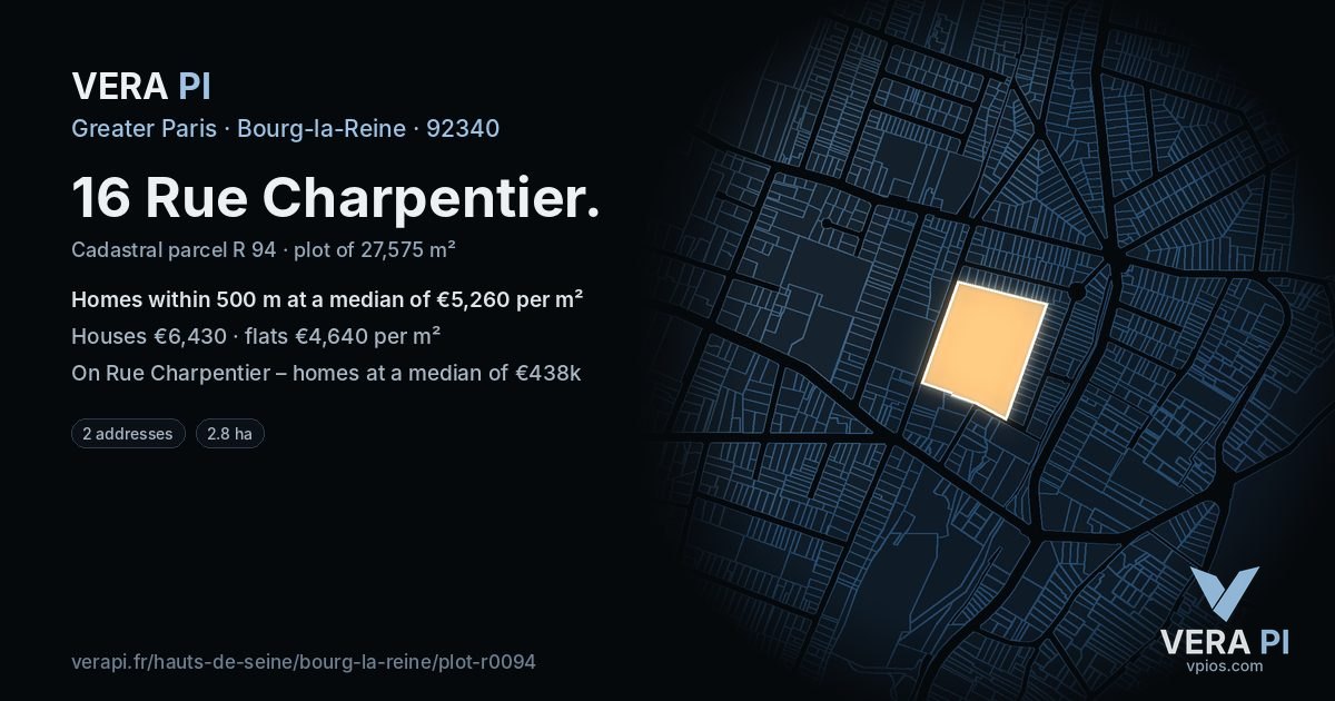 16 Rue Charpentier, Bourg-la-Reine at night – the plot lit, the parcels around coloured by the prices near them