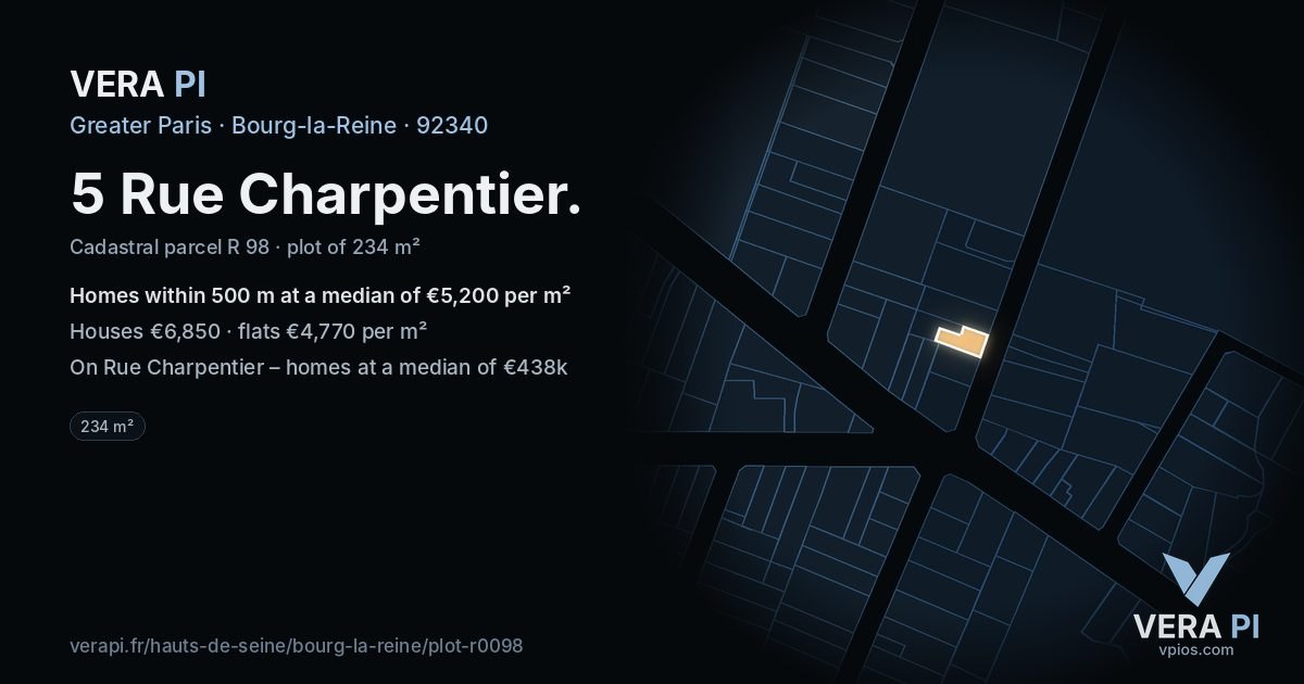 5 Rue Charpentier, Bourg-la-Reine at night – the plot lit, the parcels around coloured by the prices near them