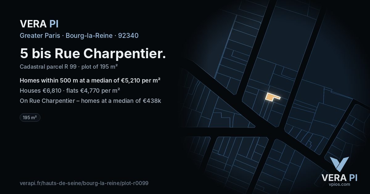 5 bis Rue Charpentier, Bourg-la-Reine at night – the plot lit, the parcels around coloured by the prices near them