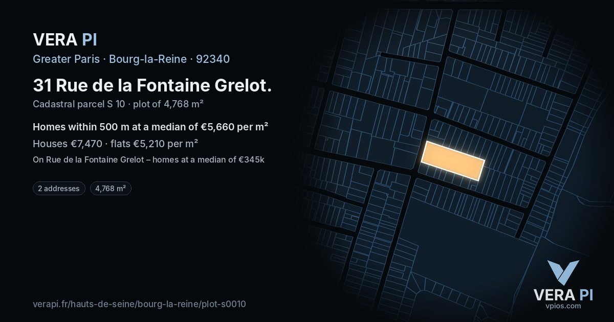 31 Rue de la Fontaine Grelot, Bourg-la-Reine at night – the plot lit, the parcels around coloured by the prices near them