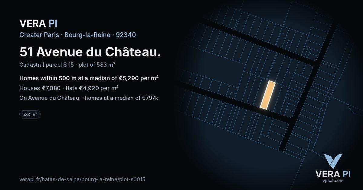 51 Avenue du Château, Bourg-la-Reine at night – the plot lit, the parcels around coloured by the prices near them