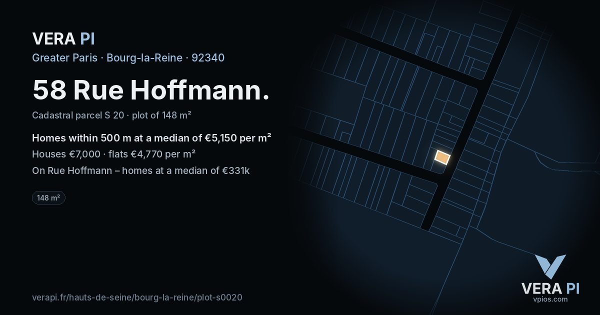 58 Rue Hoffmann, Bourg-la-Reine at night – the plot lit, the parcels around coloured by the prices near them
