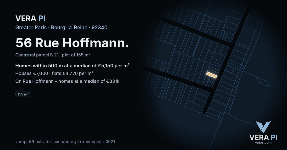 56 Rue Hoffmann, Bourg-la-Reine at night – the plot lit, the parcels around coloured by the prices near them