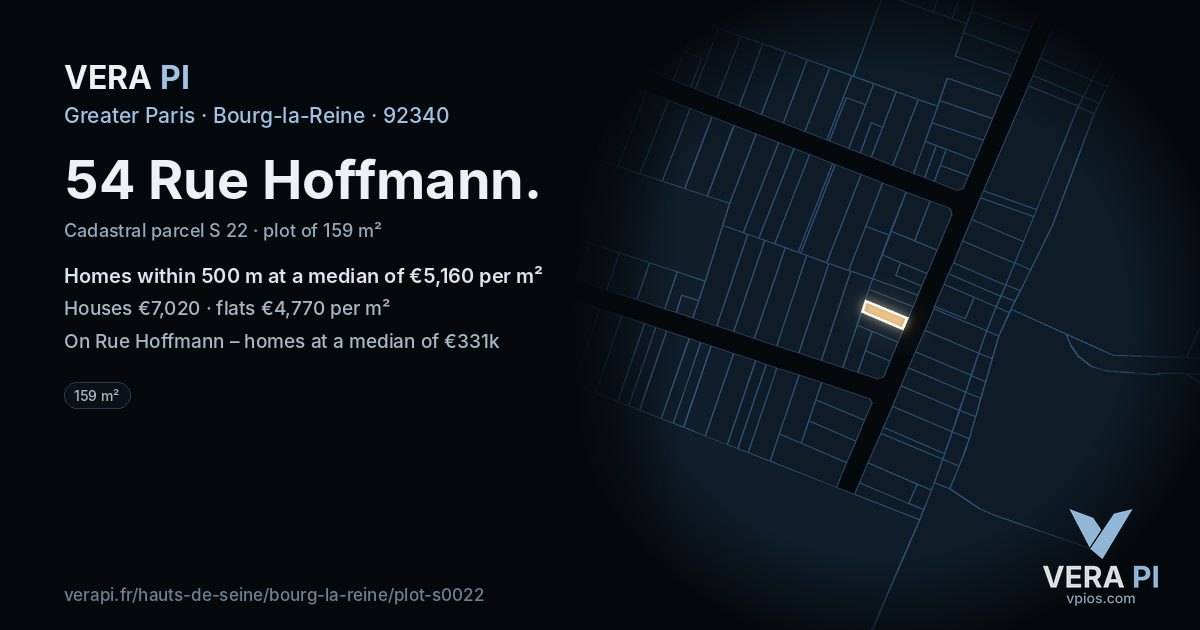54 Rue Hoffmann, Bourg-la-Reine at night – the plot lit, the parcels around coloured by the prices near them