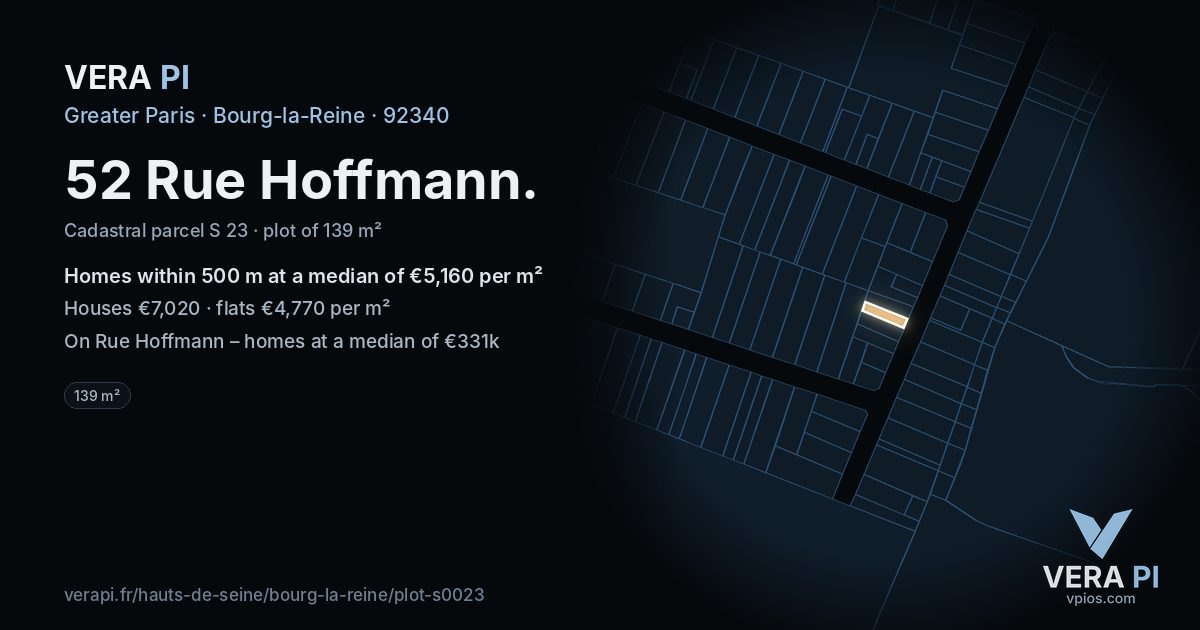 52 Rue Hoffmann, Bourg-la-Reine at night – the plot lit, the parcels around coloured by the prices near them