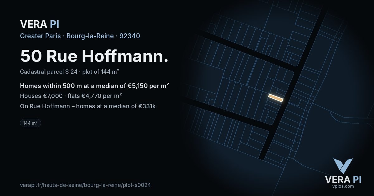 50 Rue Hoffmann, Bourg-la-Reine at night – the plot lit, the parcels around coloured by the prices near them