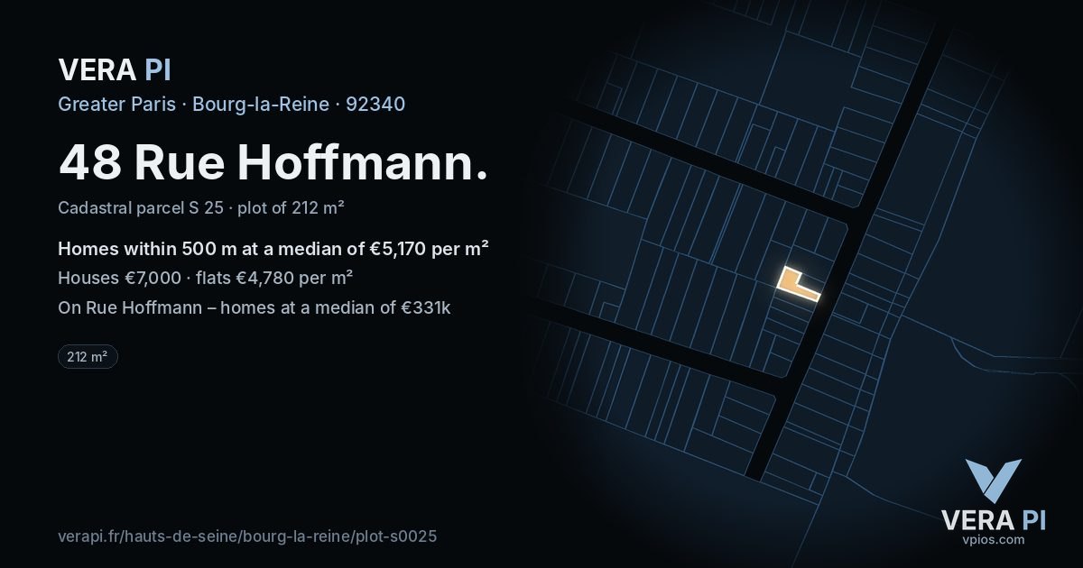 48 Rue Hoffmann, Bourg-la-Reine at night – the plot lit, the parcels around coloured by the prices near them