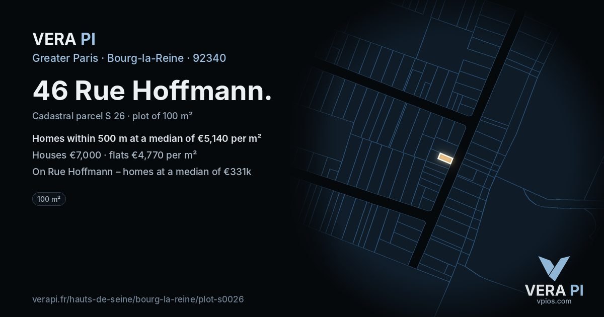 46 Rue Hoffmann, Bourg-la-Reine at night – the plot lit, the parcels around coloured by the prices near them
