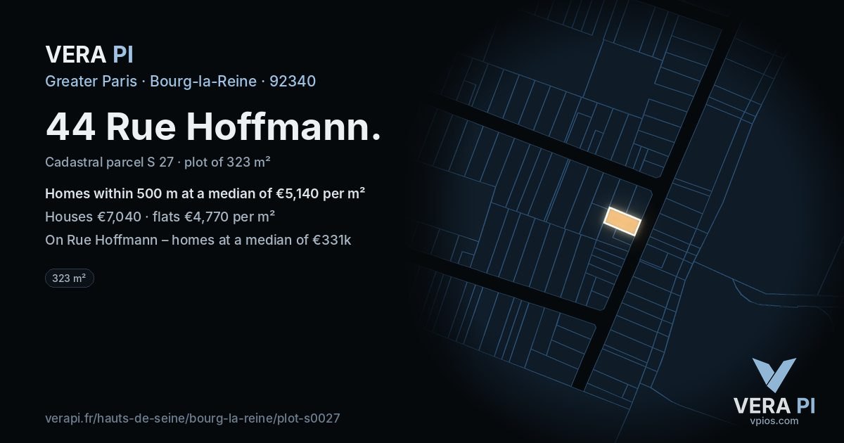 44 Rue Hoffmann, Bourg-la-Reine at night – the plot lit, the parcels around coloured by the prices near them