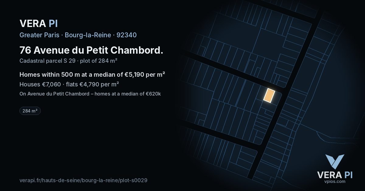 76 Avenue du Petit Chambord, Bourg-la-Reine at night – the plot lit, the parcels around coloured by the prices near them
