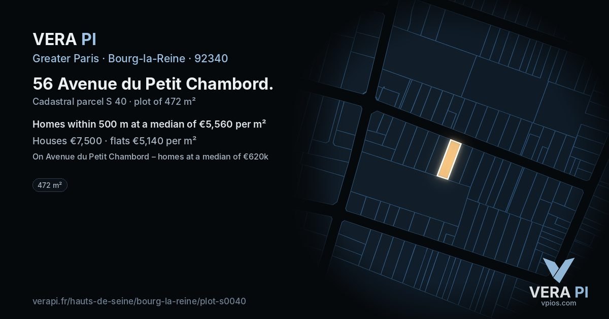 56 Avenue du Petit Chambord, Bourg-la-Reine at night – the plot lit, the parcels around coloured by the prices near them