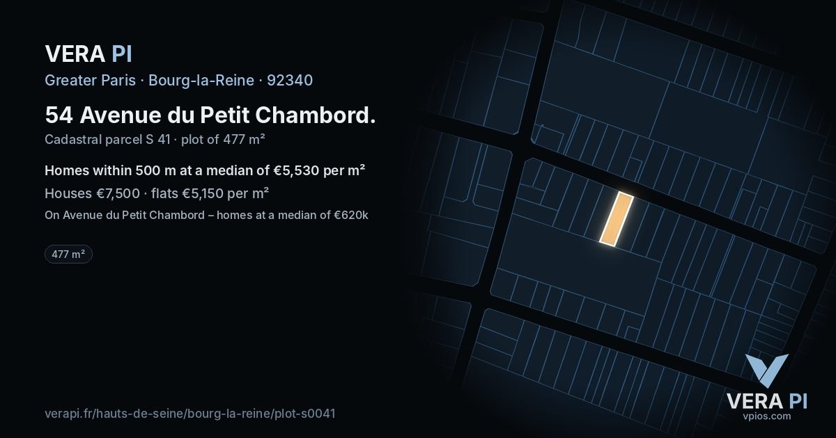 54 Avenue du Petit Chambord, Bourg-la-Reine at night – the plot lit, the parcels around coloured by the prices near them