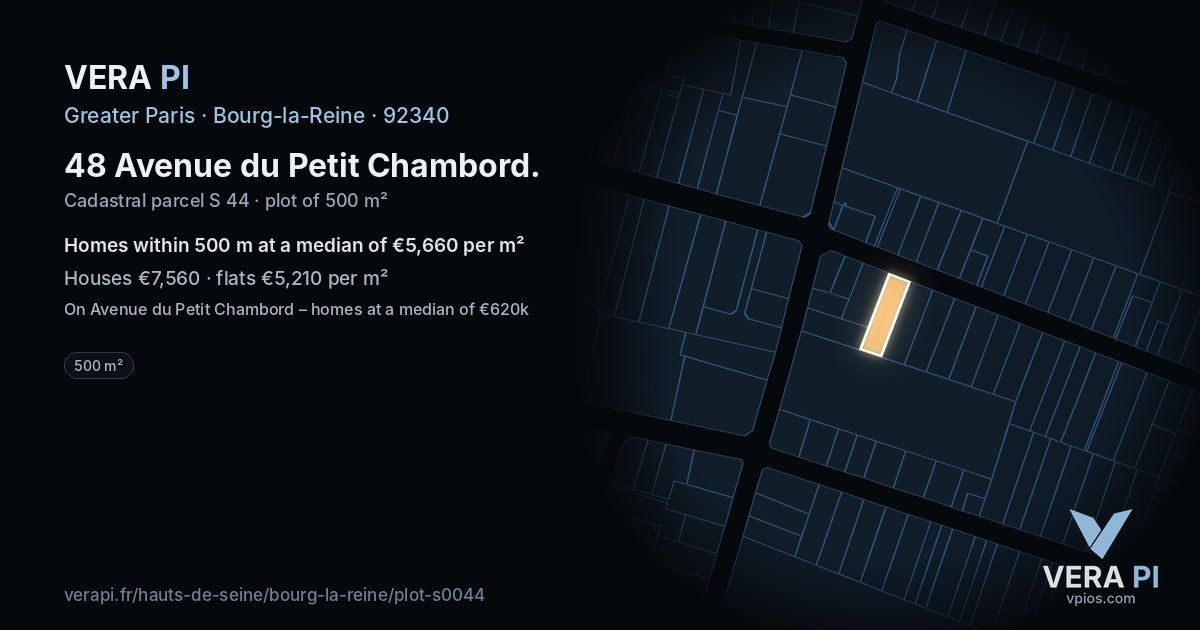 48 Avenue du Petit Chambord, Bourg-la-Reine at night – the plot lit, the parcels around coloured by the prices near them