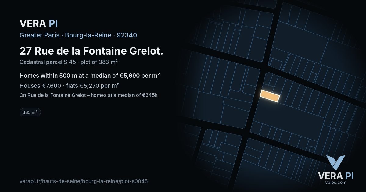 27 Rue de la Fontaine Grelot, Bourg-la-Reine at night – the plot lit, the parcels around coloured by the prices near them
