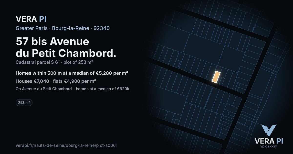 57 bis Avenue du Petit Chambord, Bourg-la-Reine at night – the plot lit, the parcels around coloured by the prices near them