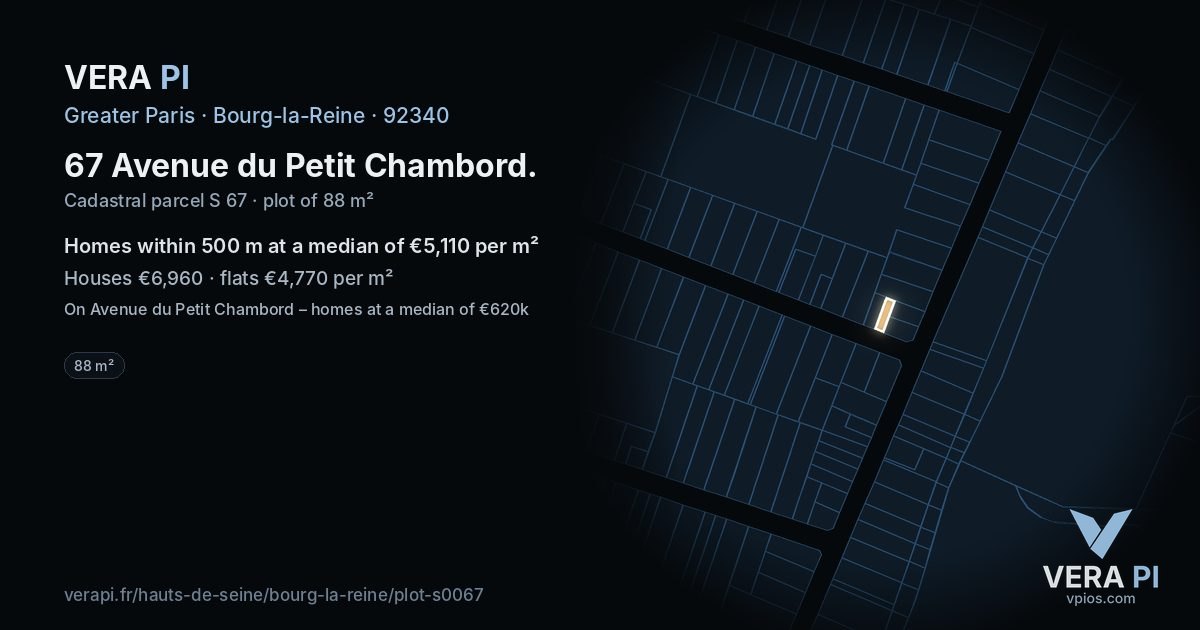 67 Avenue du Petit Chambord, Bourg-la-Reine at night – the plot lit, the parcels around coloured by the prices near them