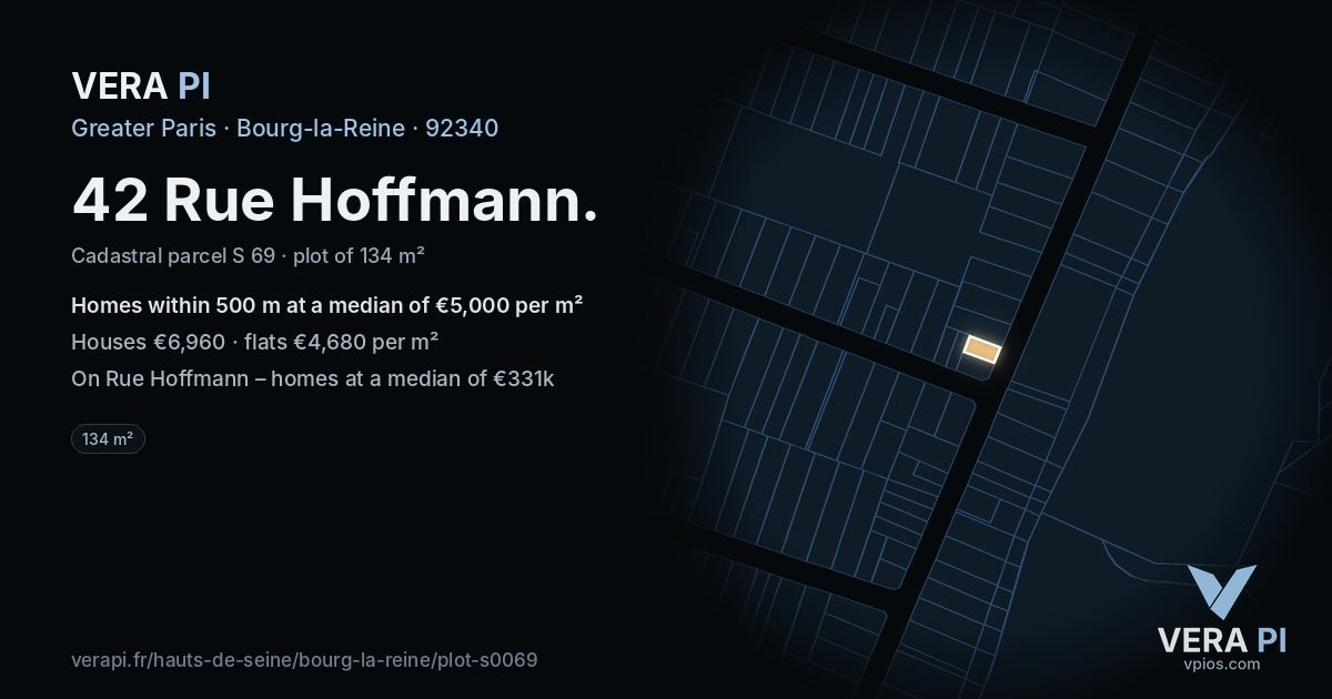 42 Rue Hoffmann, Bourg-la-Reine at night – the plot lit, the parcels around coloured by the prices near them