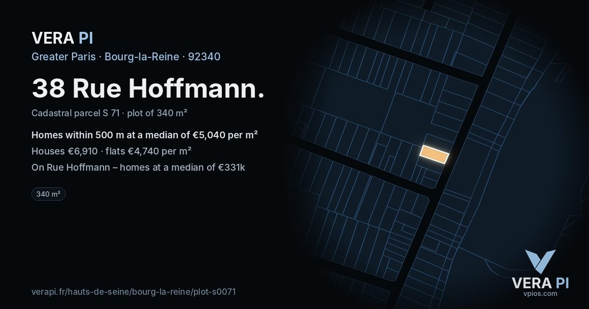 38 Rue Hoffmann, Bourg-la-Reine at night – the plot lit, the parcels around coloured by the prices near them