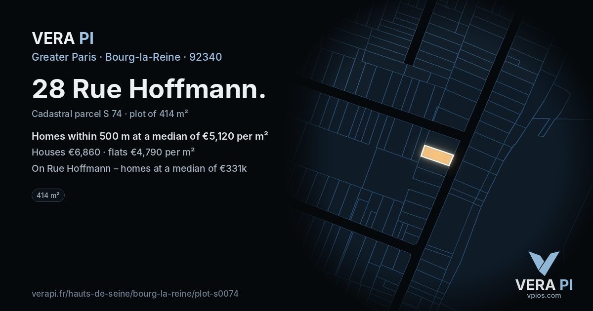 28 Rue Hoffmann, Bourg-la-Reine at night – the plot lit, the parcels around coloured by the prices near them
