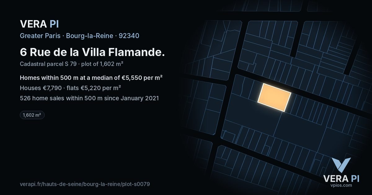 6 Rue de la Villa Flamande, Bourg-la-Reine at night – the plot lit, the parcels around coloured by the prices near them