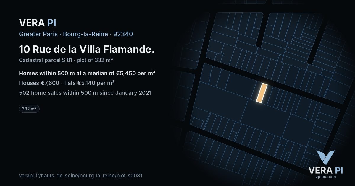 10 Rue de la Villa Flamande, Bourg-la-Reine at night – the plot lit, the parcels around coloured by the prices near them