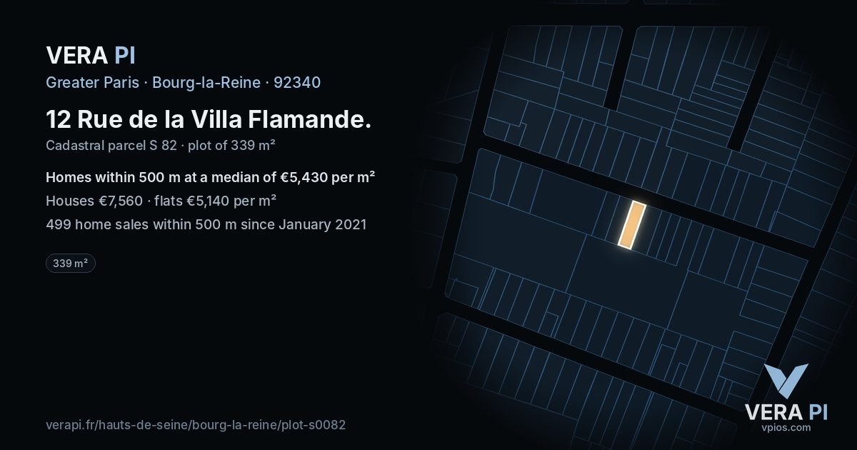 12 Rue de la Villa Flamande, Bourg-la-Reine at night – the plot lit, the parcels around coloured by the prices near them
