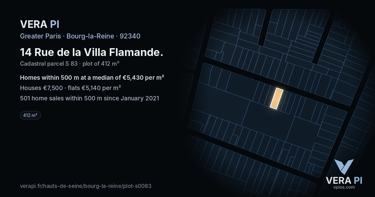 14 Rue de la Villa Flamande, Bourg-la-Reine at night – the plot lit, the parcels around coloured by the prices near them