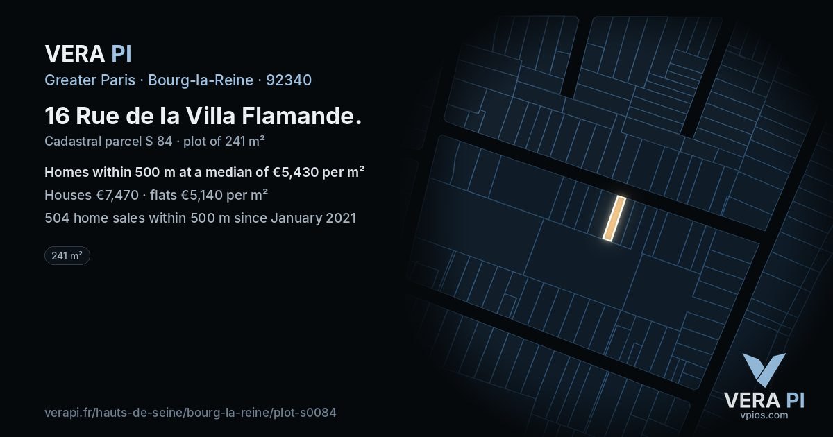 16 Rue de la Villa Flamande, Bourg-la-Reine at night – the plot lit, the parcels around coloured by the prices near them
