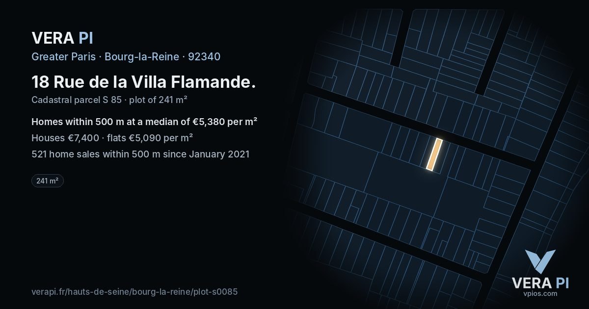 18 Rue de la Villa Flamande, Bourg-la-Reine at night – the plot lit, the parcels around coloured by the prices near them