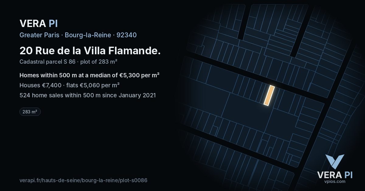 20 Rue de la Villa Flamande, Bourg-la-Reine at night – the plot lit, the parcels around coloured by the prices near them