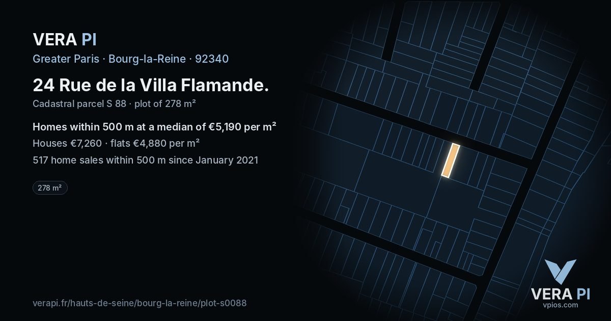 24 Rue de la Villa Flamande, Bourg-la-Reine at night – the plot lit, the parcels around coloured by the prices near them