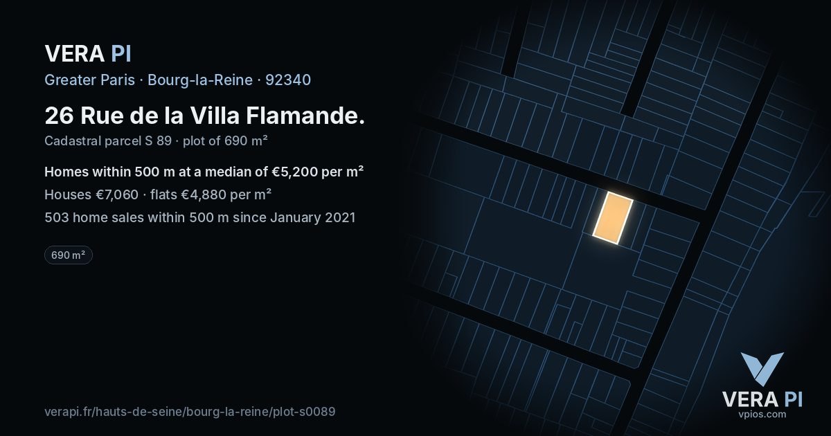 26 Rue de la Villa Flamande, Bourg-la-Reine at night – the plot lit, the parcels around coloured by the prices near them
