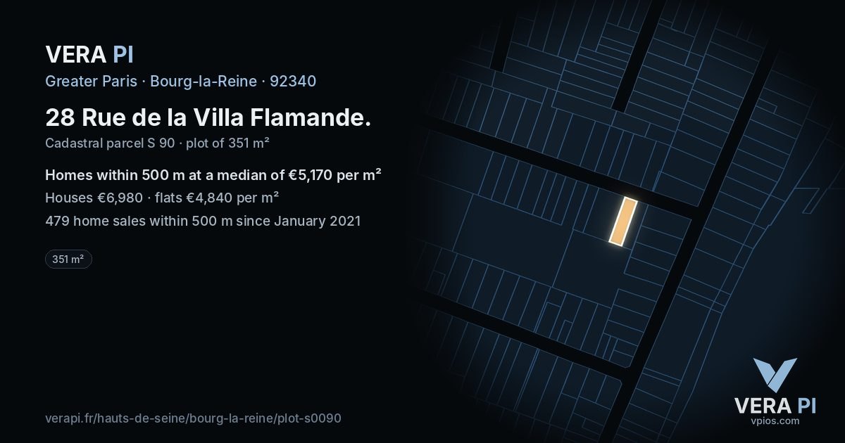 28 Rue de la Villa Flamande, Bourg-la-Reine at night – the plot lit, the parcels around coloured by the prices near them