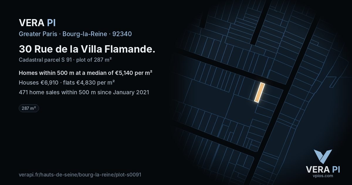 30 Rue de la Villa Flamande, Bourg-la-Reine at night – the plot lit, the parcels around coloured by the prices near them