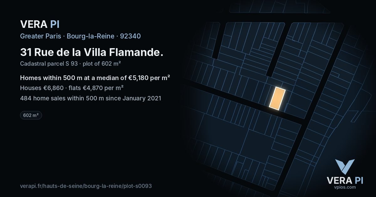 31 Rue de la Villa Flamande, Bourg-la-Reine at night – the plot lit, the parcels around coloured by the prices near them