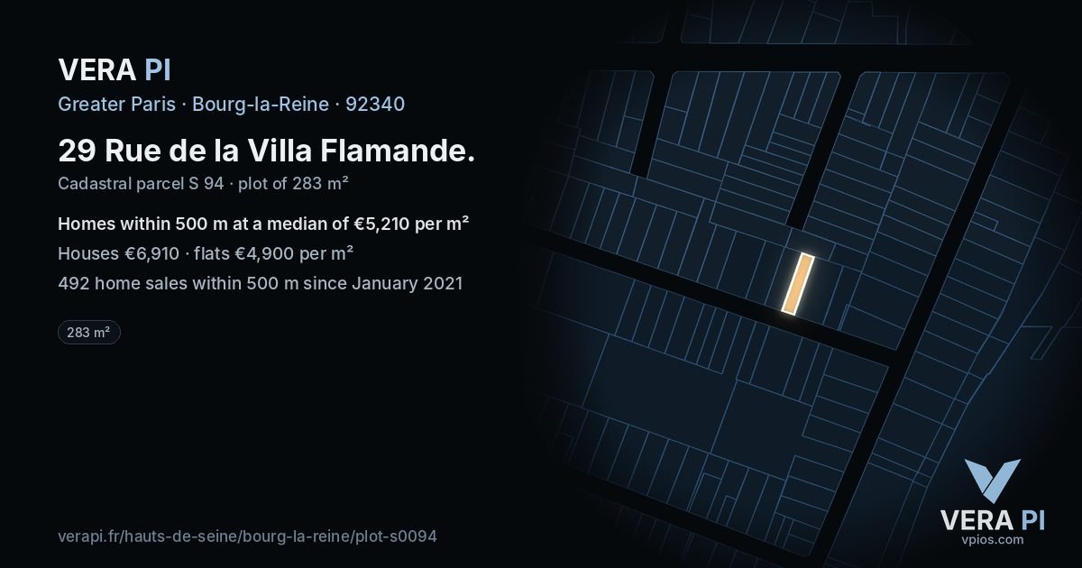 29 Rue de la Villa Flamande, Bourg-la-Reine at night – the plot lit, the parcels around coloured by the prices near them