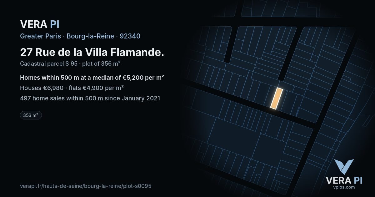 27 Rue de la Villa Flamande, Bourg-la-Reine at night – the plot lit, the parcels around coloured by the prices near them