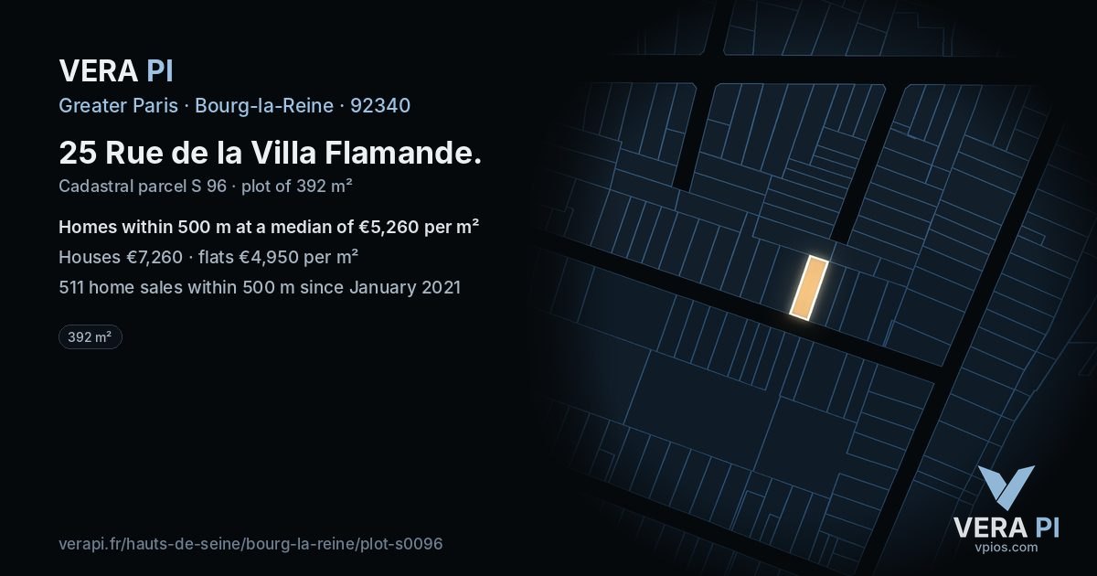 25 Rue de la Villa Flamande, Bourg-la-Reine at night – the plot lit, the parcels around coloured by the prices near them