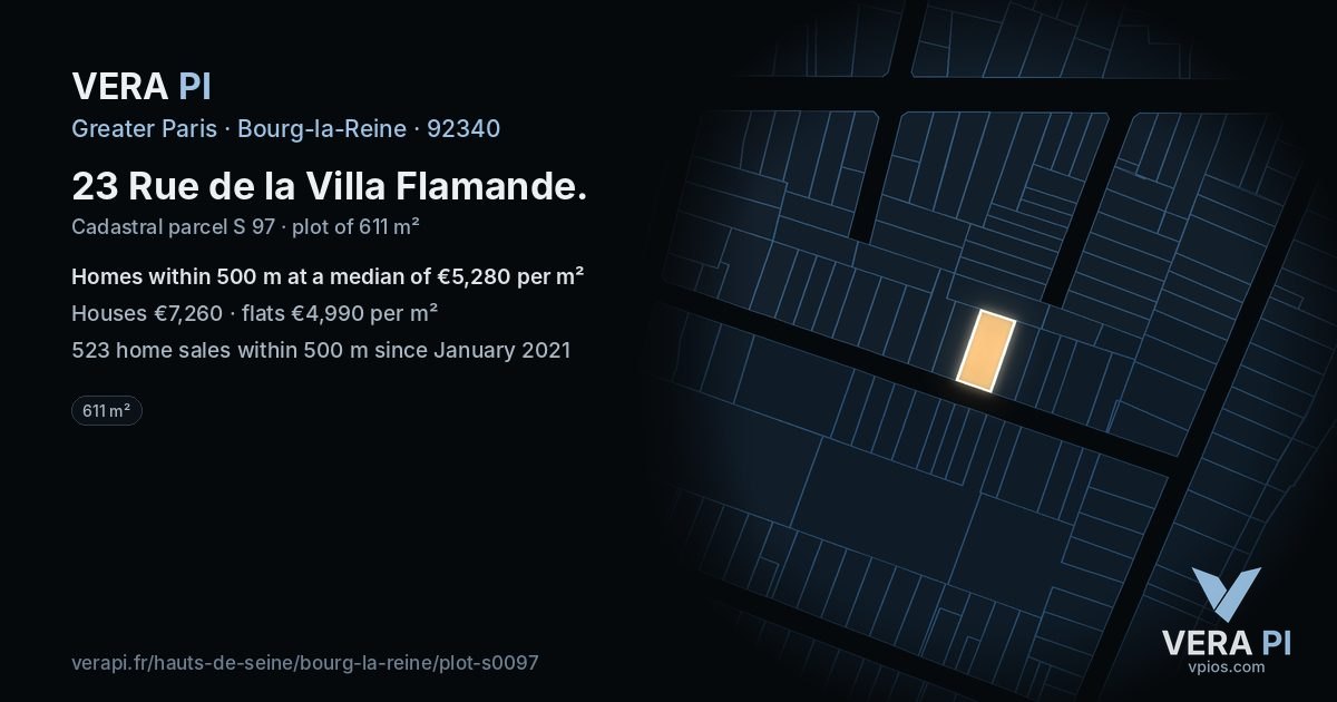 23 Rue de la Villa Flamande, Bourg-la-Reine at night – the plot lit, the parcels around coloured by the prices near them