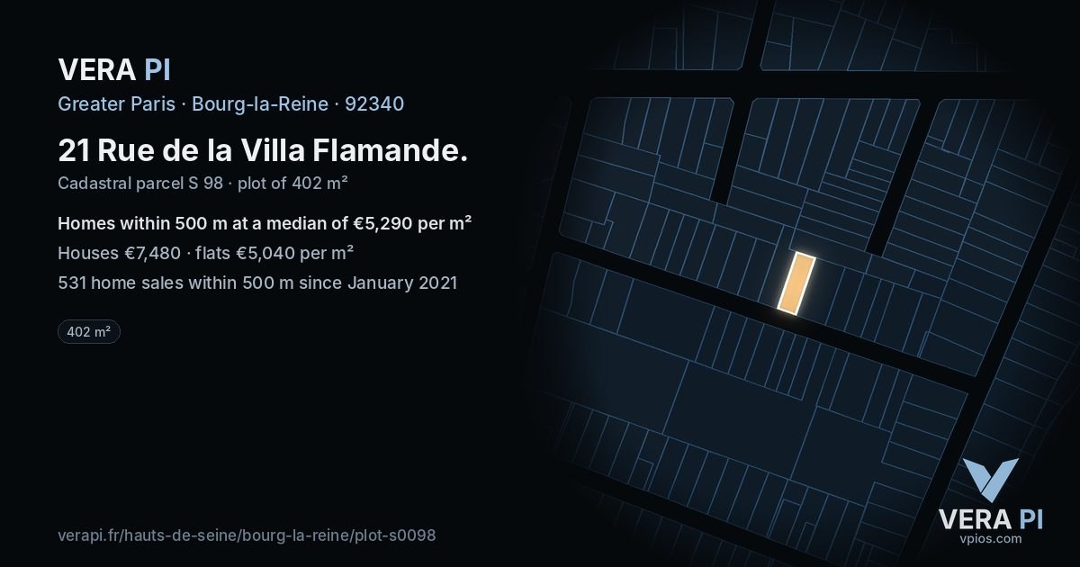 21 Rue de la Villa Flamande, Bourg-la-Reine at night – the plot lit, the parcels around coloured by the prices near them