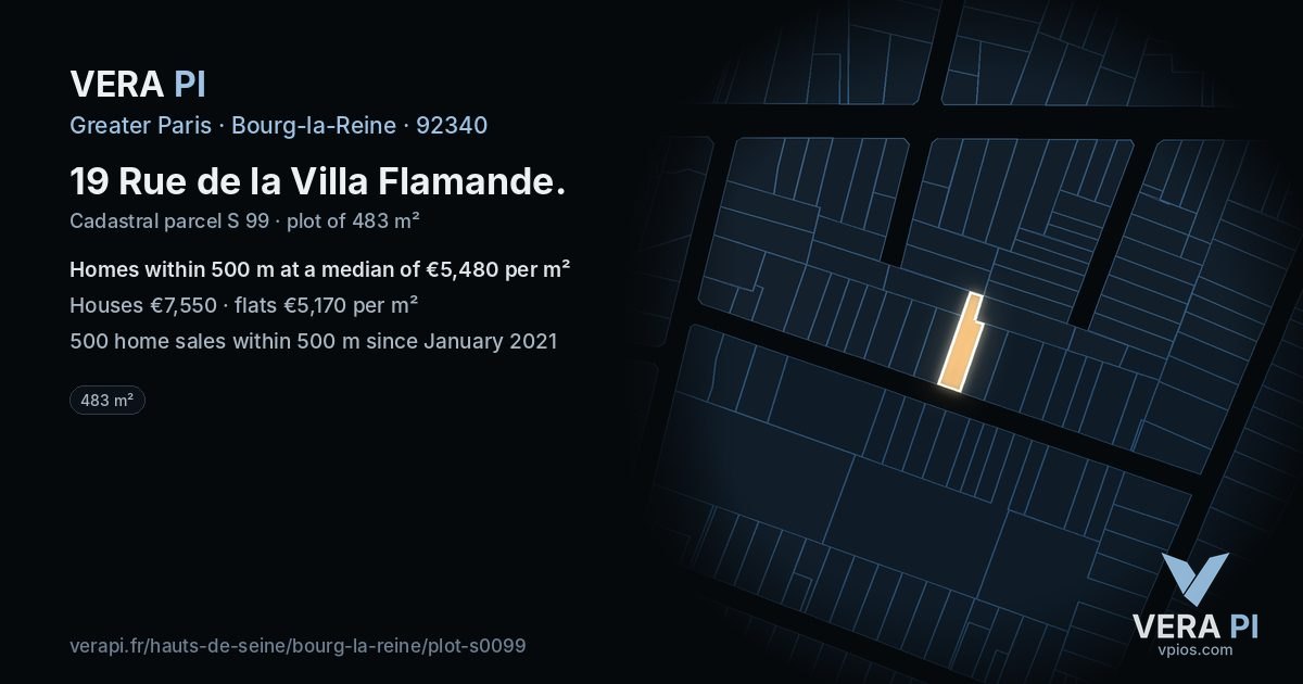 19 Rue de la Villa Flamande, Bourg-la-Reine at night – the plot lit, the parcels around coloured by the prices near them