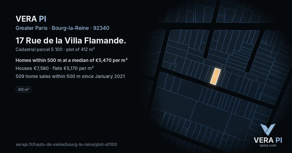 17 Rue de la Villa Flamande, Bourg-la-Reine at night – the plot lit, the parcels around coloured by the prices near them