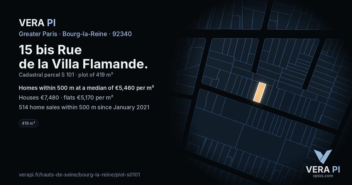 15 bis Rue de la Villa Flamande, Bourg-la-Reine at night – the plot lit, the parcels around coloured by the prices near them