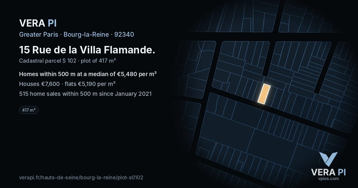 15 Rue de la Villa Flamande, Bourg-la-Reine at night – the plot lit, the parcels around coloured by the prices near them