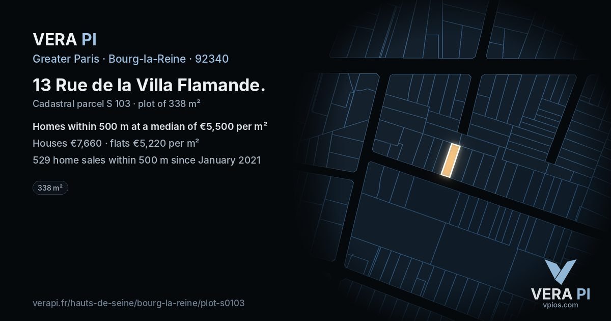 13 Rue de la Villa Flamande, Bourg-la-Reine at night – the plot lit, the parcels around coloured by the prices near them