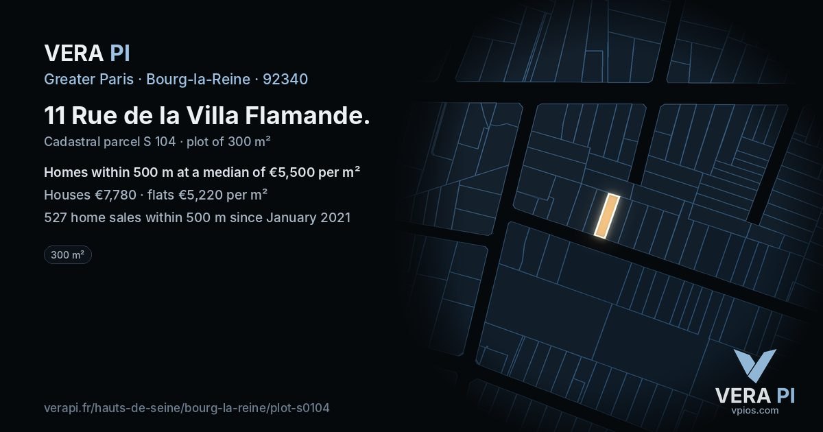 11 Rue de la Villa Flamande, Bourg-la-Reine at night – the plot lit, the parcels around coloured by the prices near them